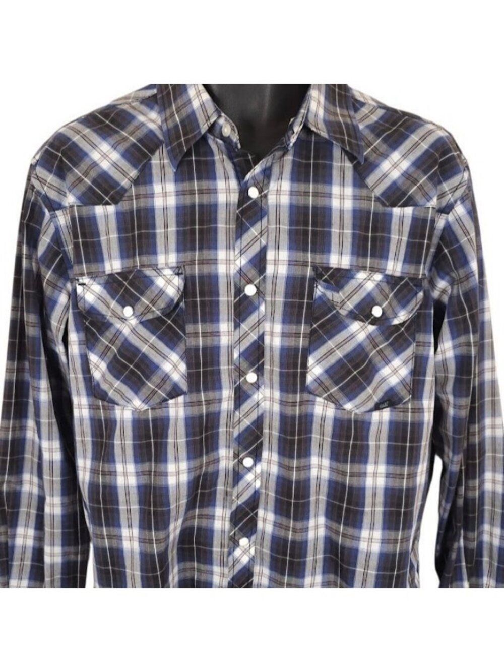 Coastal Western Shirt Mens Size Large Blue Plaid Pearl Snap Buttons